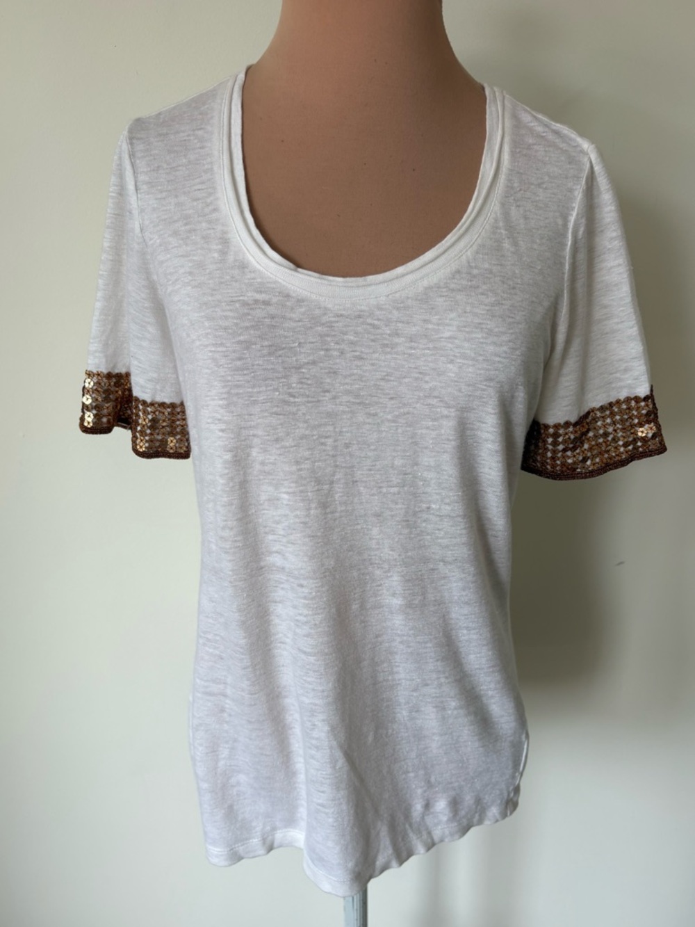Tory Burch Damien Linen White Short Sleeve Gold Sequin Trim Tee Shirt Size XS